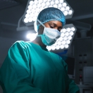 Health care worker wearing a face mask