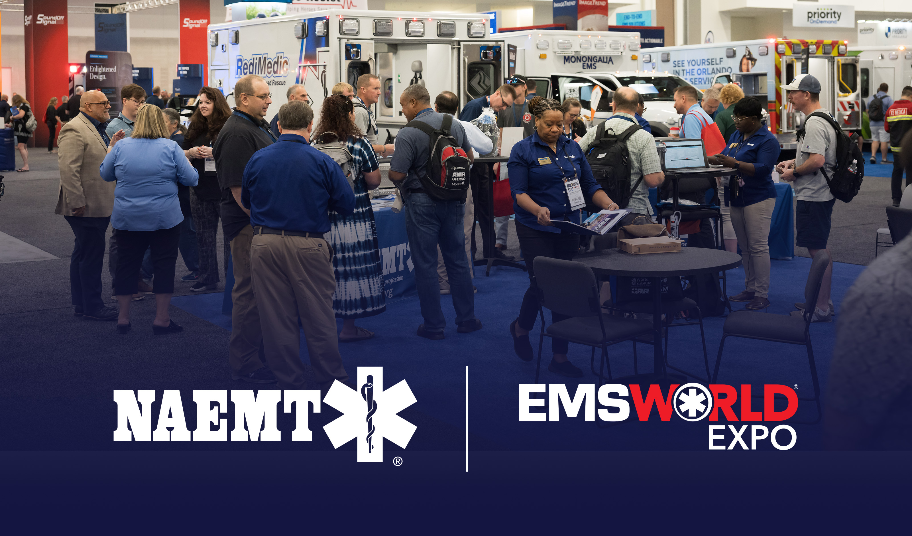 NAEMT and EMS World Expo logos and EMS providers at the 2024 event
