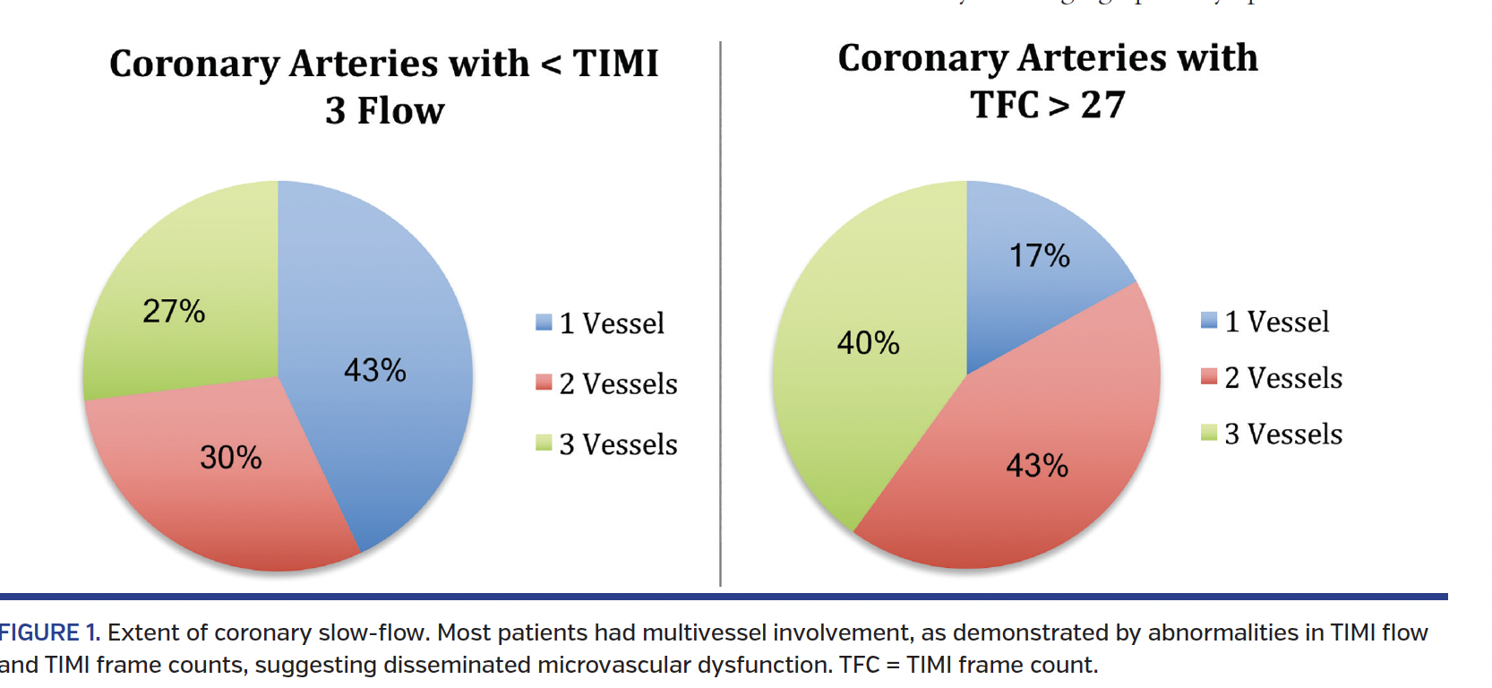 Extent of coronary slow-flow. Most patients had multivessel involvement, as demonstrated by abnormalities in TIMI flow and TIMI frame counts, suggesting disseminated microvascular dysfunction. TFC = TIMI frame count.