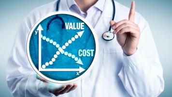 Doctor in white coat holding a digital illustration of value/cost graph.