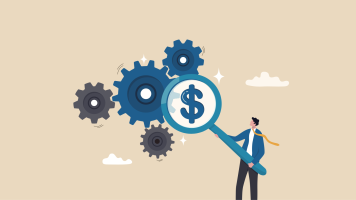 Digital illustration of gears and a figure with a magnifying glass over a dollar sign.