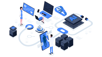 Digital illustration of healthcare workers and computer, phone, and AI icons.