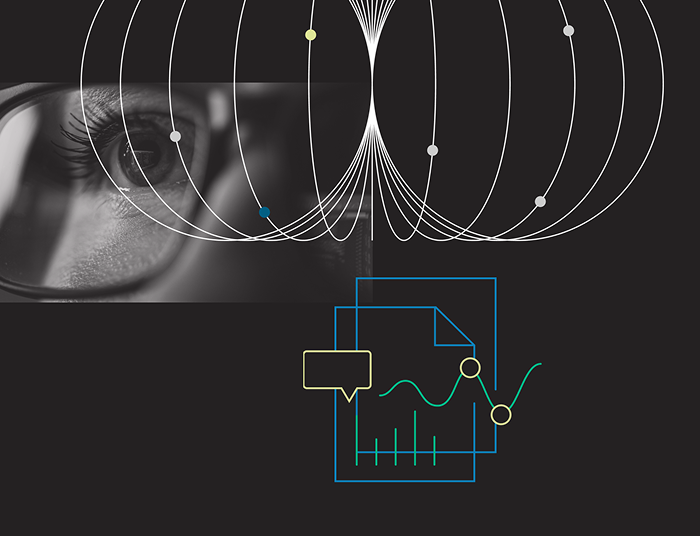 Collage with a close up of a person's eyes staring intently, overlaid with graphics representing various complex data structures.