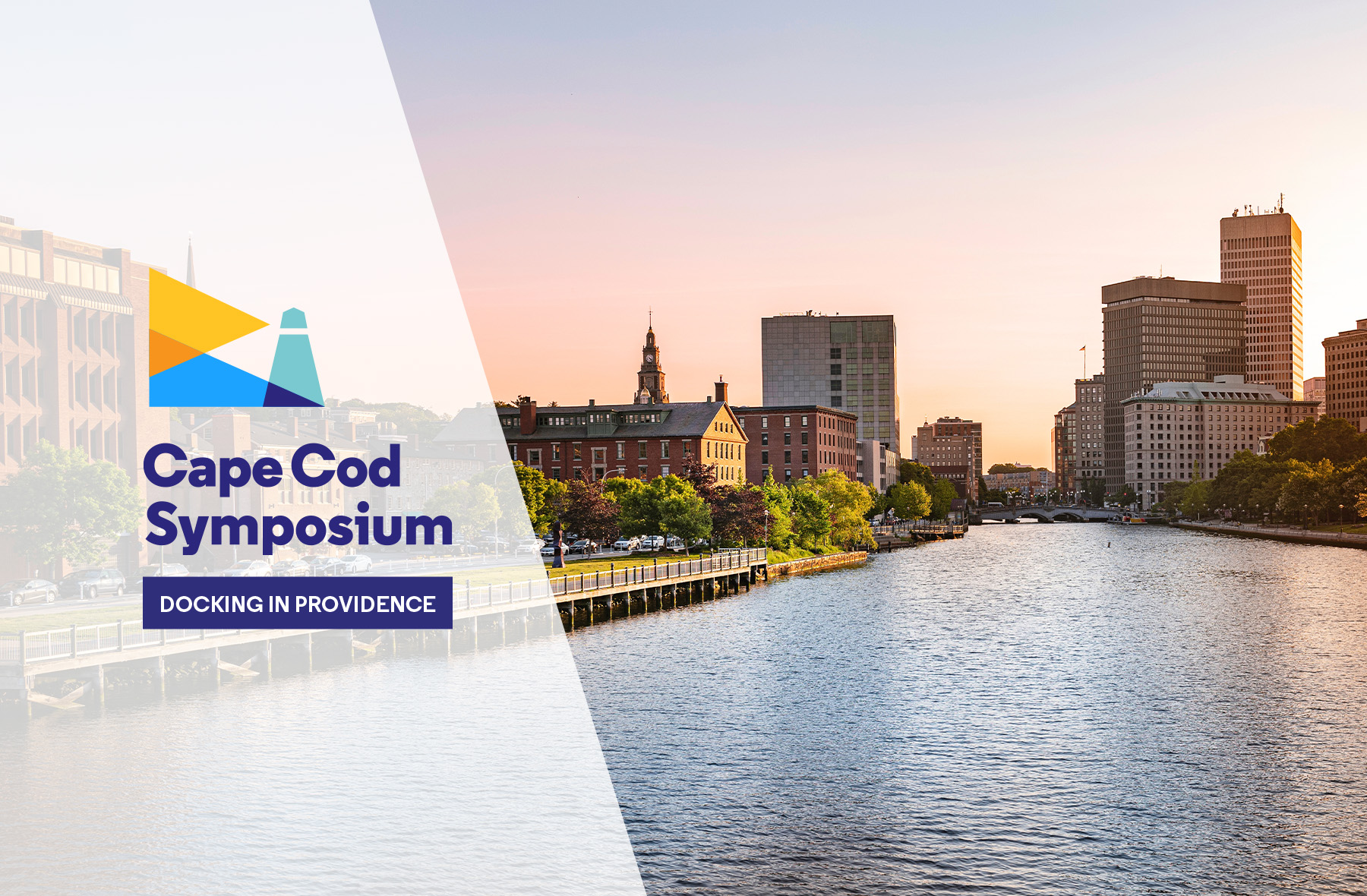 Providence downtown skyline and buildings at sunset over Providence River Walk