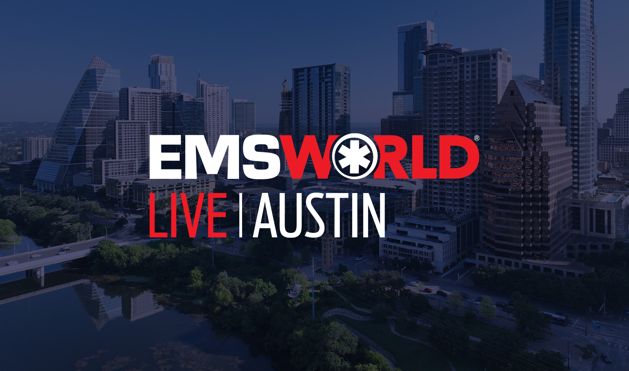 The EMS World Live: Austin logo over an image of Austin, TX