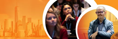 Orange background with NYC skyline and circles highlighting speaker and attendees