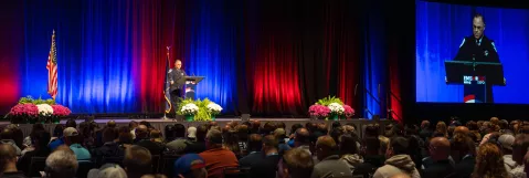An image of Josh Hartman speaking at the opening ceremony & keynote of EMS World Expo 2025.