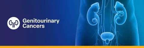 blue background with logo for the genitourinary cancers program