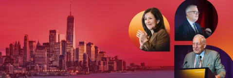 Collage of featured speakers with the New York City Skyline